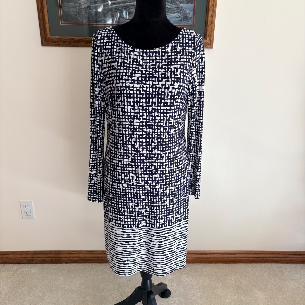 Vince Camuto Sheath Dress Women 10 Navy Blue White Geometric Long Sleeve Stretch